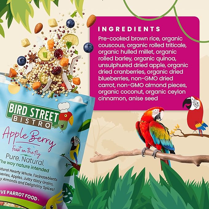 Bird Street Bistro Parrot Food - Parakeet & Cockatiel Food - Cooks in 3-15 min w/Natural Grains, Legumes, Non-GMO Fruits, Vegetables & Healthy Spices