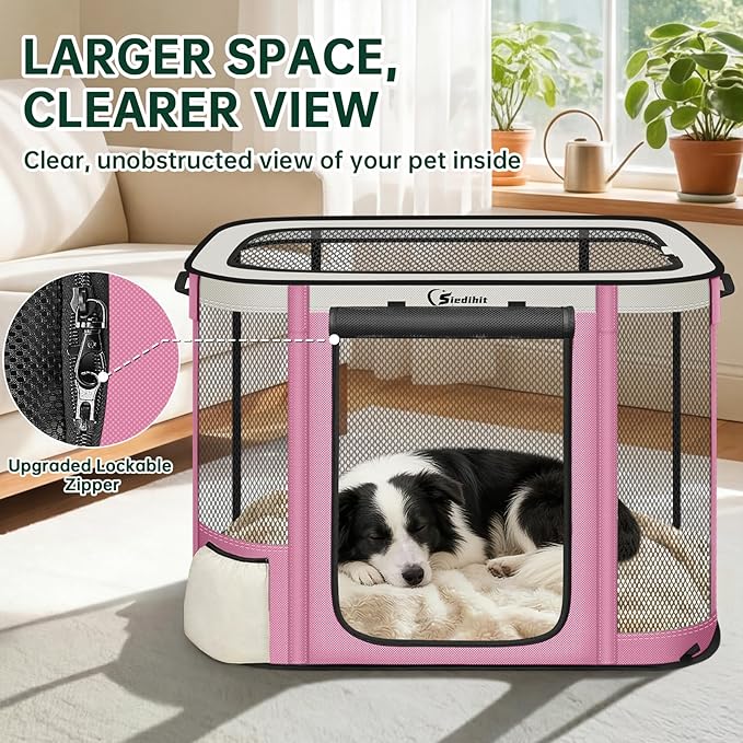 Siedihit Dog Cat Playpen Crate with Washable Pee Pad, Reinforced Durable Dog Cage, Portable Foldable Pet Kennel with Breathable Visibility (Pink, Extra Large)
