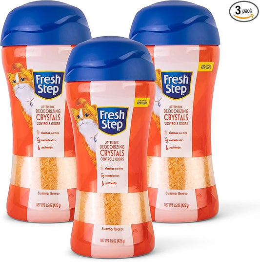 Fresh Step Cat Litter Crystals Deodorizer, Non Toxic Odor Neutralizing Crystals for Litter Boxes that Help Control Smells and Keep Home Areas Fresh, Summer Breeze Scent, 15 Ounce - 3 Pack