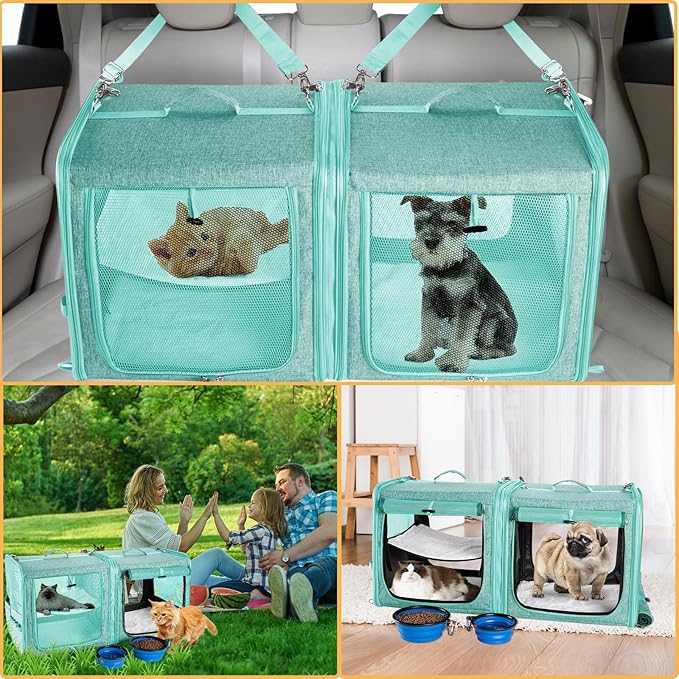 Large Cat Carrier for 2 Cats with Zipper Locks, Double Cat Carrier with Travel Litter Box, Soft Pet Travel Carrier for Cats and Small Dogs Up to 45 Lbs, Green