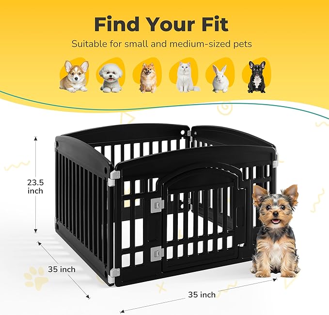 24" Plastic Dog Playpen 4-Panel Durable Pet Playpen for Puppies & Small/Medium Dogs, Portable & Foldable Pet Fence with Secure Locking Door, Black