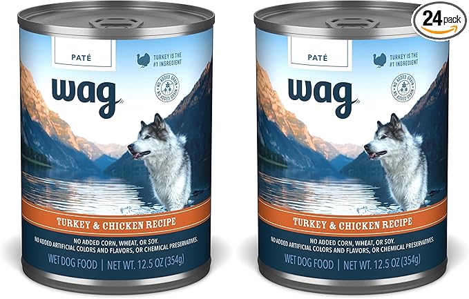 Amazon Brand - Wag Pate Canned Dog Food, Turkey & Chicken Recipe, 12.5 oz Can (Pack of 24)
