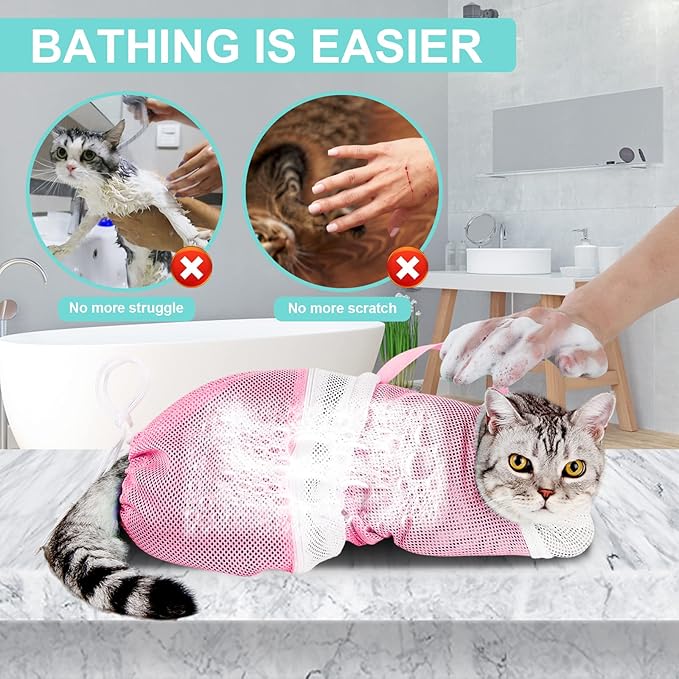Cat Bathing Bag Adjustable Cat Grooming Net Bag Anti-Bite & Anti-Scratch Cat Bath Washing Restraint Bag, Breathable Mesh Cat Grooming Bag for Shower, Nail Trimming, Injection
