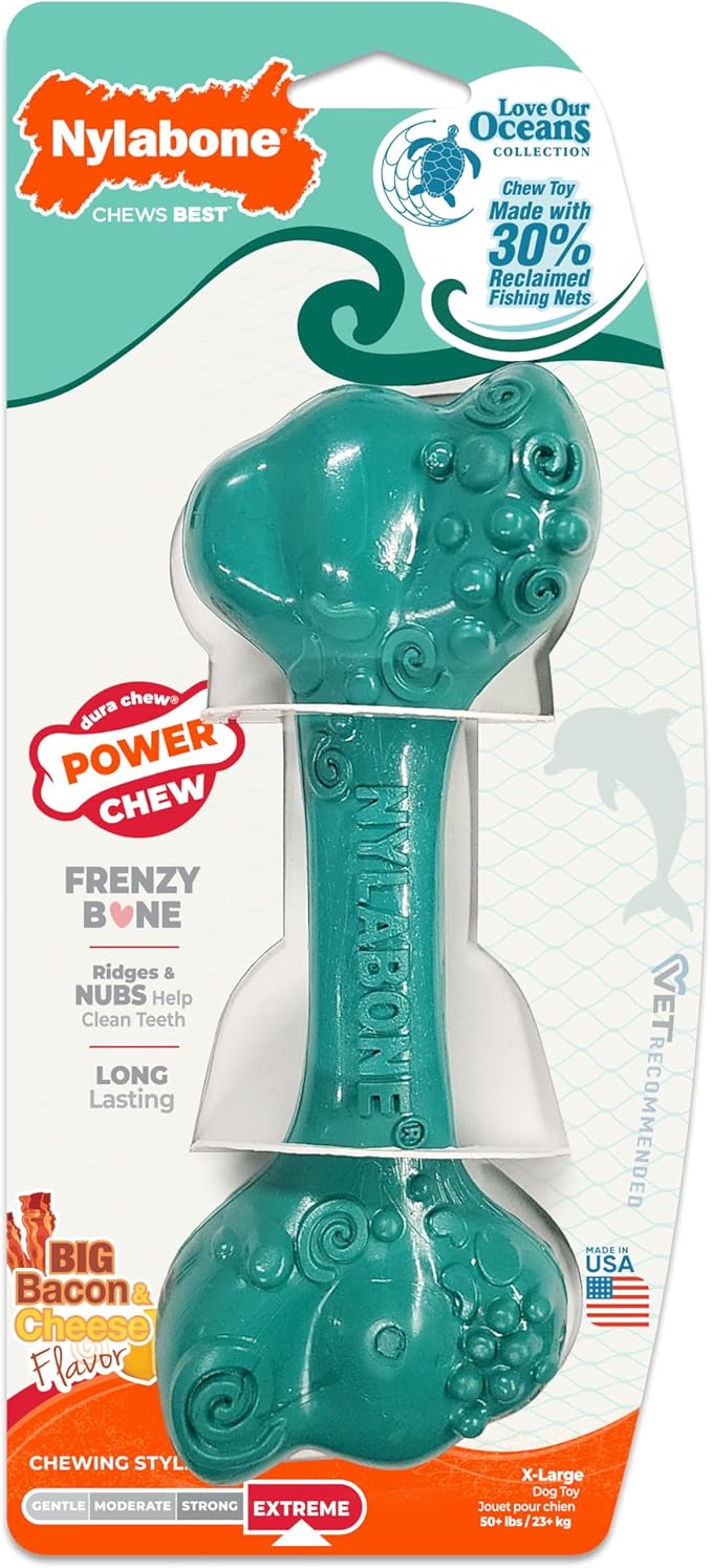 Nylabone Love Our Oceans Frenzy Bone Power Chew Toy for Dogs, Recycled & Sustainable Dog Chew Bones, Made in USA, Bacon & Cheese Flavor, Extra-Large Dog Toys - 50+ lbs, 1 Count
