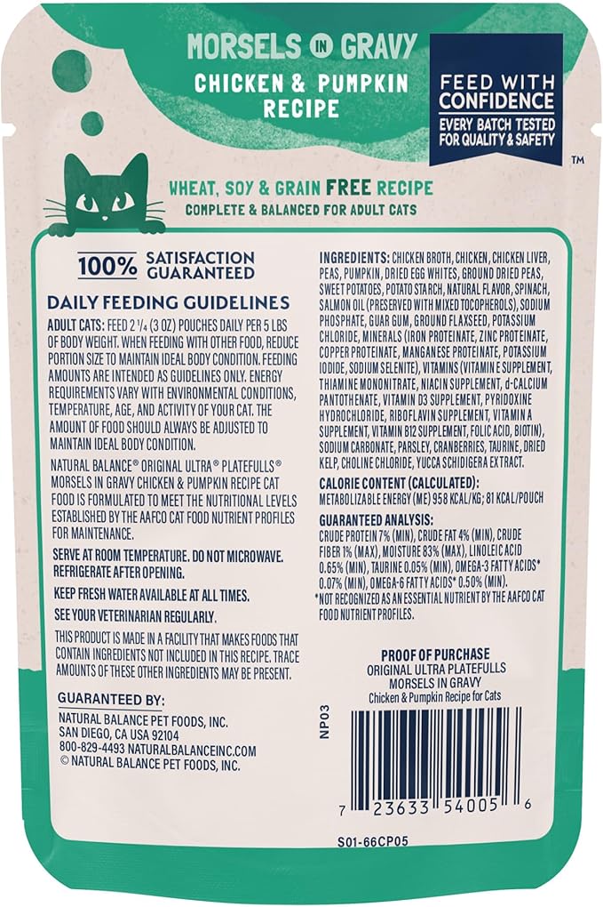 Natural Balance Original Ultra Platefulls Adult Grain-Free Wet Cat Food, Chicken & Pumpkin Recipe, 3 Ounce Pouch (Pack of 24)