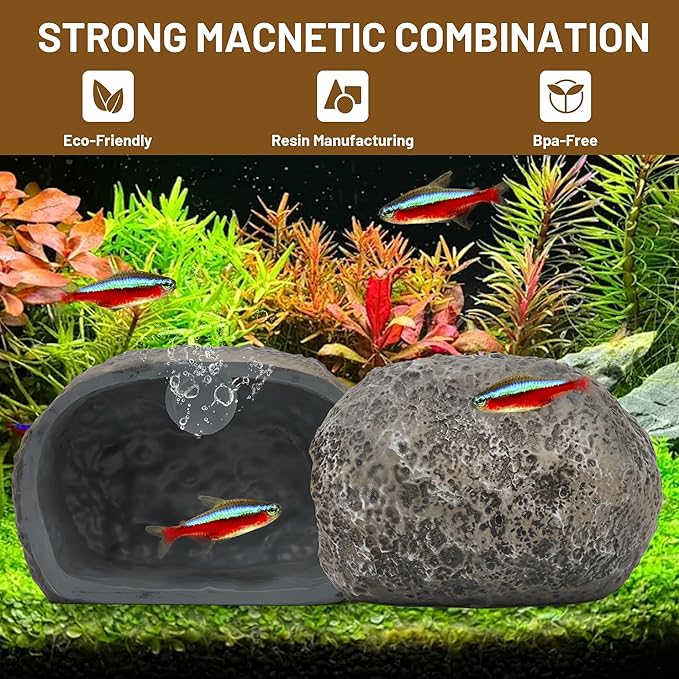 Upgraded Magnetic Detachable Aquarium Hideaway Rock Cave to Check Your Aquatic Pets to Breed, Play and Rest Safe and Non-Toxic Resin Fish Tank Viewing Hideout Ornaments
