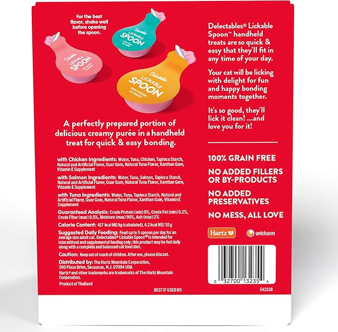 Delectables Lickable Spoon Handheld Wet Cat Treats Made with Real Tuna, Creamy Puree, Mess Free, Quick & Easy, Grain-Free, No Added Fillers, No Added Preservatives, Variety Pack 40ct