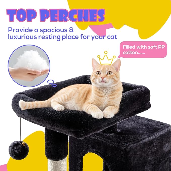SHA CERLIN 29in Cat Tree for Indoor Cats, Multi-Level Cat Tower with Large Perch, Cozy Condo, Playful Toy Balls, Sisal Scratching Posts, Stable Pet Furniture Activity Center, Space-Saving, Dark Grey