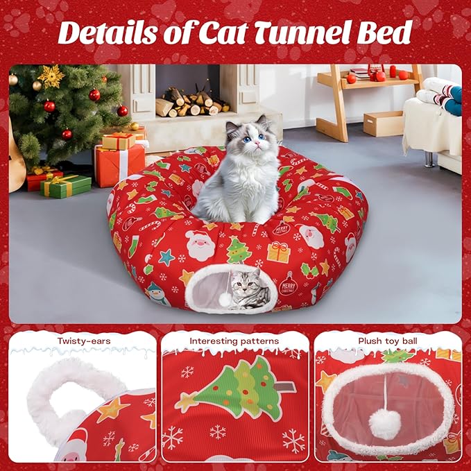 Cat Tunnel Christmas Tree Skirt, Cute Cat Tunnel Bed Under Christmas Tree with Washable Mat, Dangling Balls, Circle Pet Donut Tube Bed for Kitten Puppy Rabbit, Cats Xmas Toy Gifts