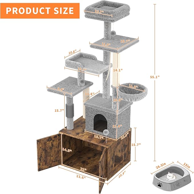 Litter Box Enclosure with Cat Tree, 2 in-1 Modern Cat Tower, Hidden Washroom Furniture, Wood Cat Condo with Scratching Post and Hammock, Indoor Pet Furniture with Multiple Platform, Rustic Brown
