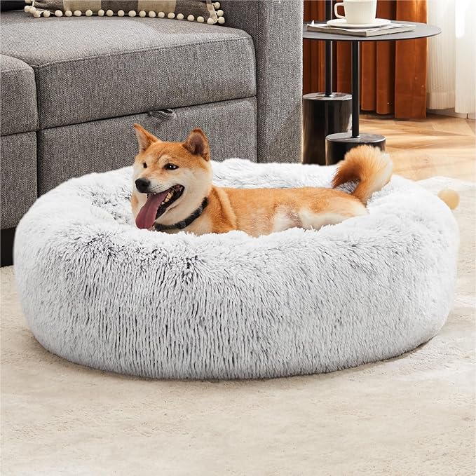 DUMOS Calming Donut Cat & Dog Bed for Small Medium Dogs, Machine Washable Cuddle Warming Cozy Fluffy Faux Fur Plush Round Dog Bed, Anti-Anxiety Waterproof Anti-Slip Pet Bed, 20/24/30/36 inches
