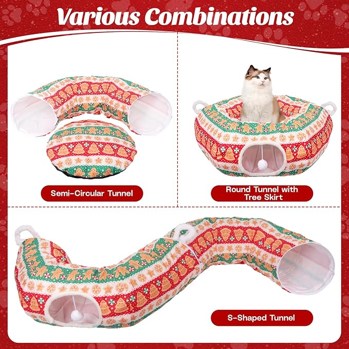 Christmas Tree Cat Tunnel, Soft Cat Tunnels for Indoor Cats with Middle Cushion, Cute Pet Donut Cave Bed Play Toys, Xmas Tree Decorations Protector Gifts