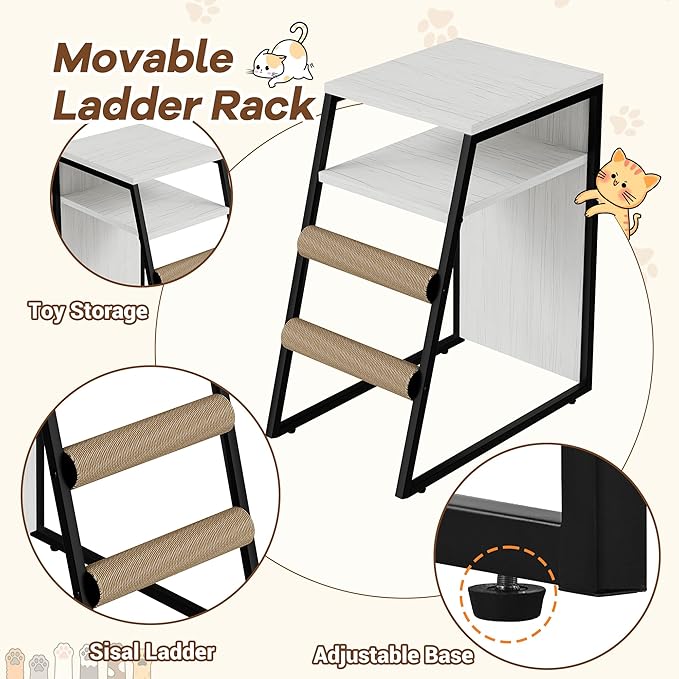 GarveeLife Cat Litter Box Enclosure with Doors, Double Cat House with Storage Space, Enclosed Litter Box Furniture with Ladder, Retro White