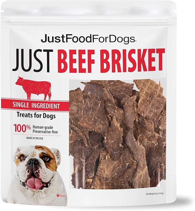 JustFoodForDogs Single Ingredient Healthy Dog Treats and Dog Snacks, Jerky Treats, Human Grade, Preservative and Grain Free, Rawhide Free Chews, Low Calorie Treat - Beef Brisket, 5 oz