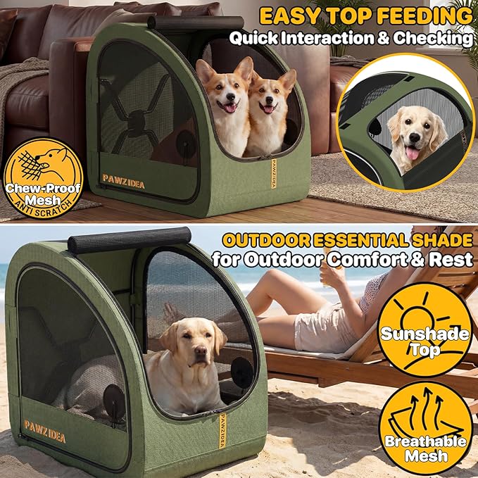 PAWZIDEA Portable Dog Crate for Car Travel, Collapsible Pet Travel Crates for Medium & Large Dogs Up to 80lbs, Enclosed Soft-Sided Car Kennel Carrier for Backseat, Secures w/Seatbelt & Headrest Strap