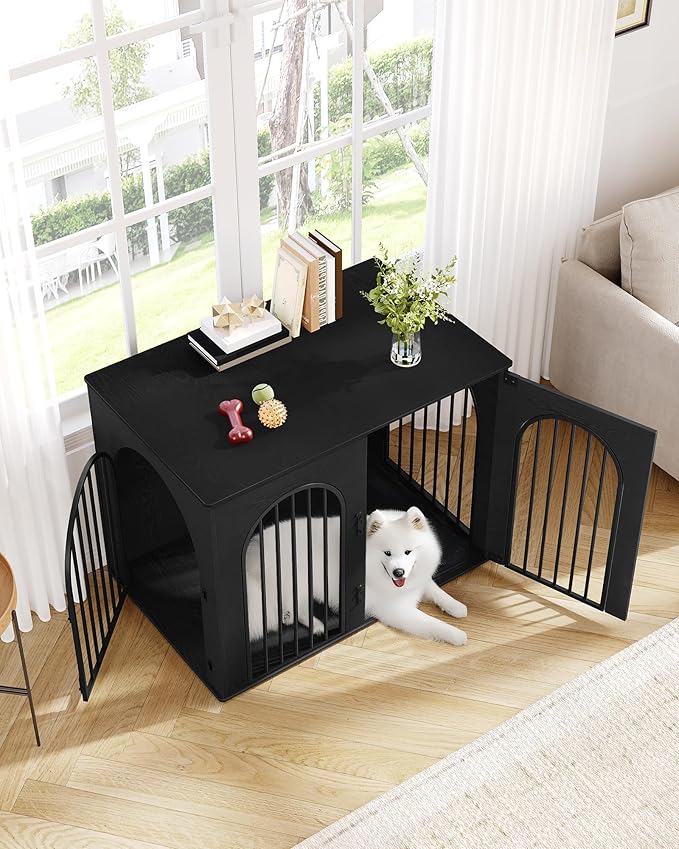 Hzuaneri 44.1" Wooden Dog Crate Furniture, Indoor Dog Kennel Dogs Cage for Small/Medium/Large Dogs, Heavy Duty Dog Crates Decorative Pet House End Side Table TV Stand, Black DFC83904B