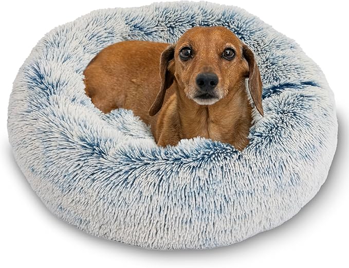 Best Friends by Sheri The Original Calming Donut Dog Bed for Small Dogs up to 25 lbs, Shag Faux Fur, Denim Blue, 23" x 23"