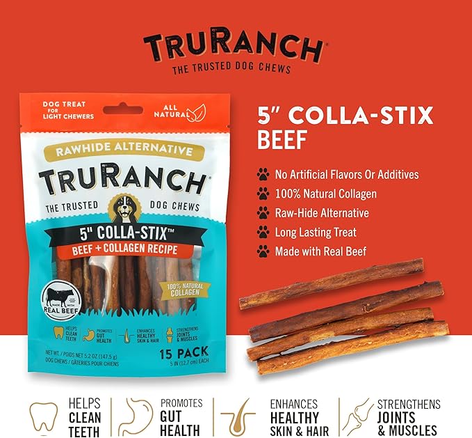TRURANCH Collagen Sticks - 5" Collagen Sticks for Dogs - Long Lasting Healthy Joint Support - Rawhide Alternative - Skin & Coat Health - Made with Real Beef, Value Pack, 3 Bags, 45 Count