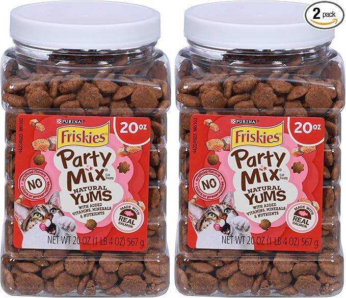 Friskies Purina Natural Cat Treats Party Mix Natural YUMS with Real Salmon and Added Vitamins, Minerals and Nutrients - 20 Oz. Canister (Pack of 2)