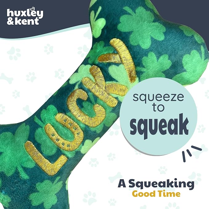 Huxley & Kent Funny Dog Toy w/Squeaker – St. Patrick's Day Power Plush Squeaky Dog Toys for Small, Medium & Large Dogs – Soft Stuffed Animal for Indoor Play & Fetch - Lucky Charm Bone, Small