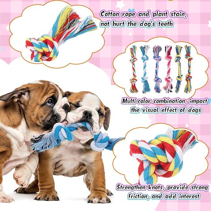 Syhood 48 Pack Dog Chew Rope Toy Bulk, 2-Knot Cotton Puppy Chew Rope for Teething, Tug of War Dental Toys for Small & Medium Dogs, Aggressive Chewers Puppies