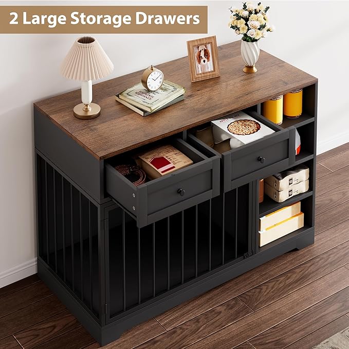 GarveeHome Dog Crate Furniture 47", Large Dog Crate TV Stand with 2 Drawers and 4 Shelves, Wooden Dog Kennel Indoor, Decorative Dog Cage with Storage for Large Dogs, Black