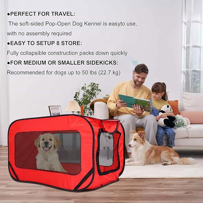 36 Inch Foldable Dog Kennel for Large Dogs, Portable Waterproof Pop-Up Pet Crate, Indoor Outdoor Travel Car Seat Kennel（Red）