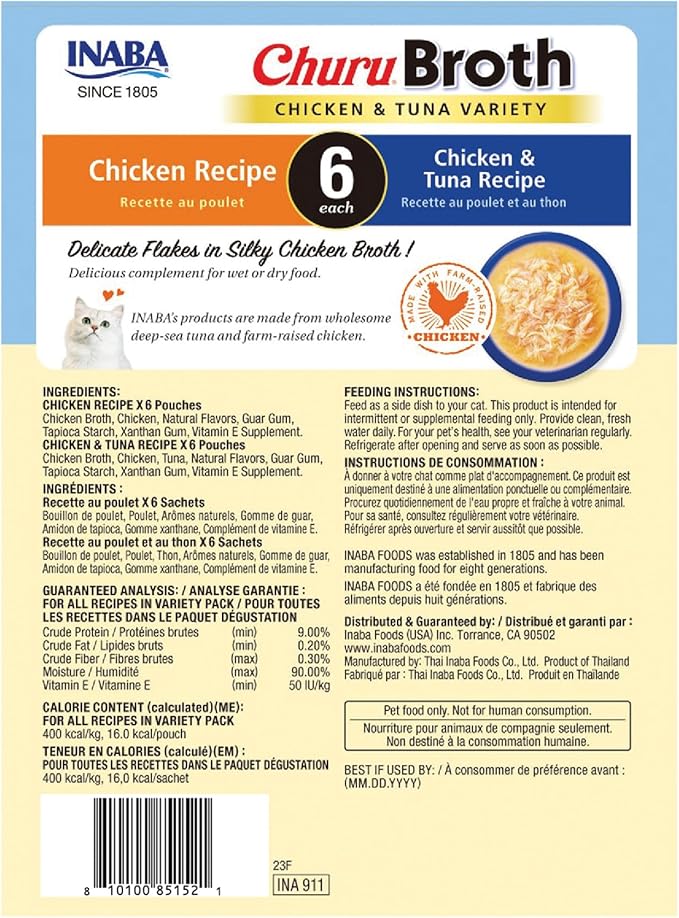 INABA Churu Broth for Cats, Side Dish Pouch, 1.4 Ounces per Pouch, 24 Pouches, Chicken and Tuna Variety