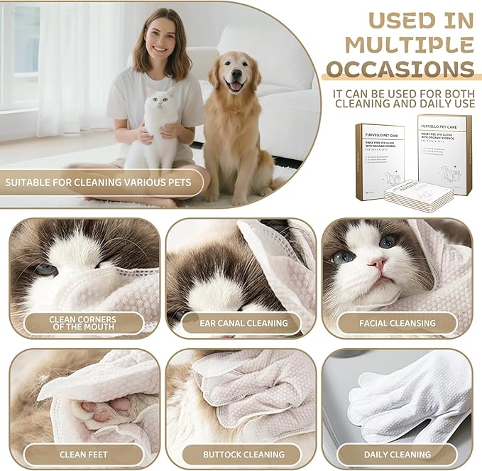 4 in 1 Pet Glove Wipes for Dogs & Cats, 7 Plant Extracts, Hypoallergenic Pet Cleaning Wipes, Dog Washing Gloves Extra Thick, Lick-Safe, Rinse Free for Grooming and Travel, 6PCS