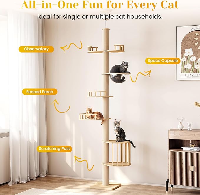 Fansafurn Floor-to-Ceiling Adjustable Cat Tree Tower with Acrylic Capsule, Space-Efficient Multi-Level Structure, Sisal-Wrapped Scratching Posts, Ideal for Kittens and Large Cats, Stable and Modern