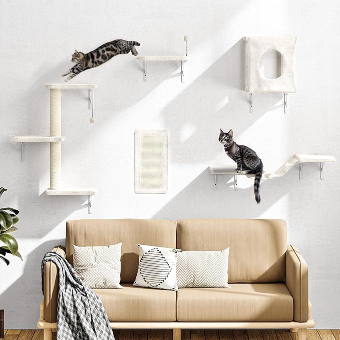 NUNU LAB Wall Mounted Cat Furniture, 5 Pcs Cat Wall Shelves with House, Bridge, Steps, Scratching Post, Shelves, Indoor Safe & Stable Furniture for Kittens Play, Beige