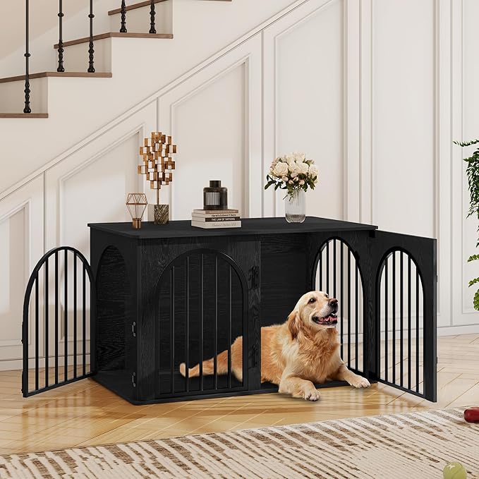 Hzuaneri 39.4" Wooden Dog Crate Furniture, Indoor Dog Kennel Dogs Cage for Small/Medium/Large Dogs, Heavy Duty Dog Crates Decorative Pet House End Side Table TV Stand, Black DFC84104B