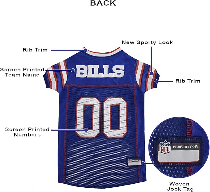 Pets First Buffalo Bills Dog Jersey, X-Large, Buffalo Bills Colors, Poly-mesh and Satin, Pull On, NFL Jerseys, Unisex, Breathable, for All Breed Sizes