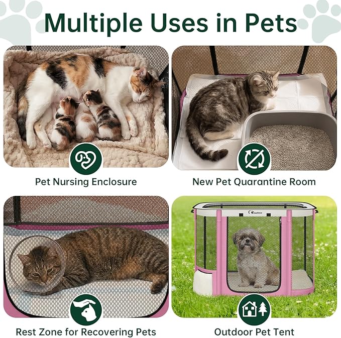 Siedihit Dog Cat Playpen Crate with Washable Pee Pad, Reinforced Durable Dog Cage, Portable Foldable Pet Kennel with Breathable Visibility (Pink, Small)