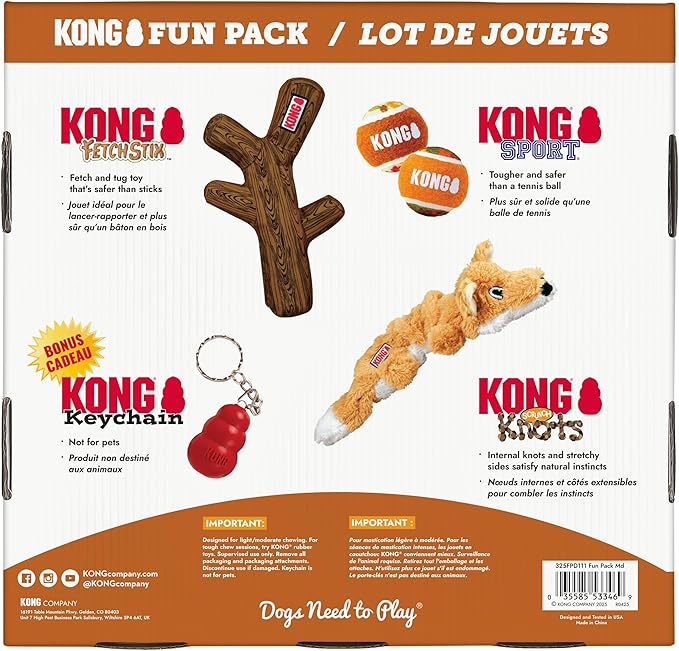 KONG Fun Pack – Fall Dog Toy Gift Set with FetchStix, Sport Balls, Scrunch Knots Fox, Tug & Fetch Toys, Bonus Keychain – Safe Fetch, Tug, and Light Chew for Dogs
