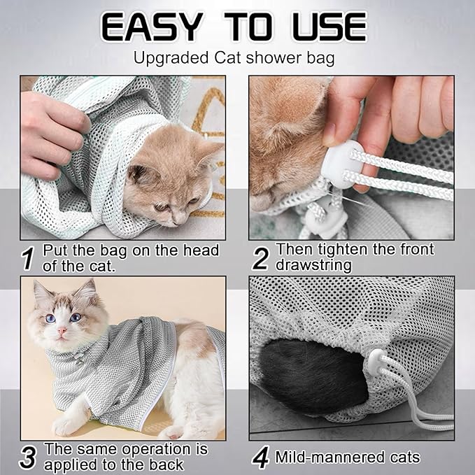 Cat Mesh Bathing Bag, Adjustable Cat Bath Bag with Nail Clipper, Bath Brush, Nail File & Comb, Anti-Scratch Shower Bag for Pet Grooming, Bathing & Restraint, Durable Washing Bag for Cats