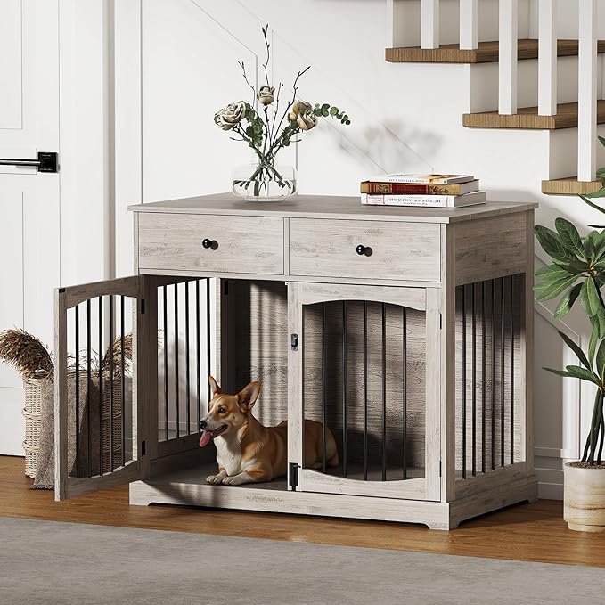 40 Inch Dog Crate Furniture, Wooden Dog Kennel Furniture, Heavy-Duty Dog Crate End Table with Storage Drawers, Double Doors Decorative Pet Cage House Indoor for Medium Large Dog, Gray