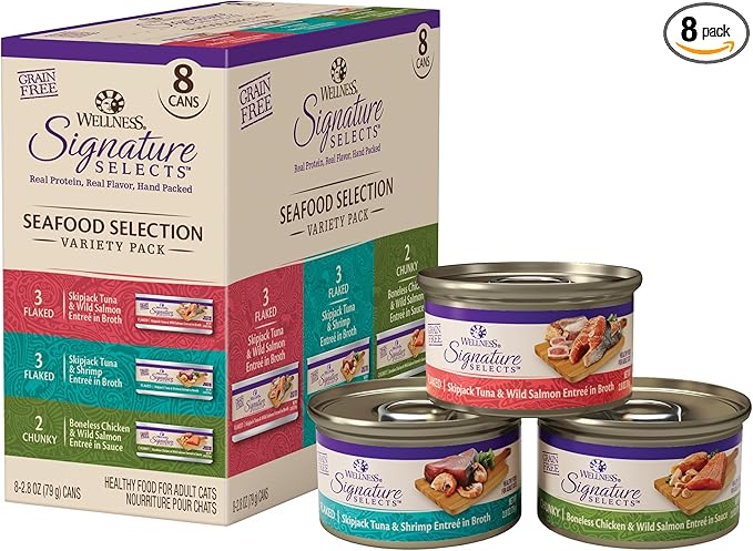 Wellness CORE Signature Selects Variety Pack Adult Canned Wet Cat Food, Natural, Protein Rich, Grain Free, Seafood Recipes, 2.8 oz, Pack of 8 Cans