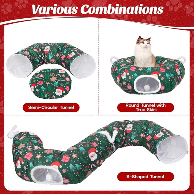Christmas Tree Cat Tunnel, Soft Cat Tunnels for Indoor Cats with Middle Cushion, Cute Pet Donut Cave Bed Play Toys, Xmas Tree Decorations Protector Gifts