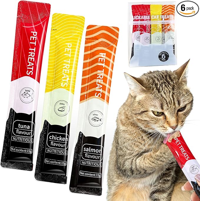 Lickable Cat Treats Squeeze-Up, 6 Tubes (0.53oz Each) – Tuna, Salmon & Chicken Flavors, Nutritionally Balanced for Healthy Growth, Soft & Irresistible Texture