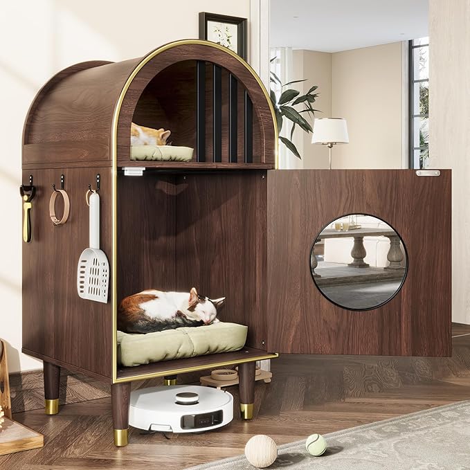 Merax Farmhouse 2-in-1 Cat Litter Box Enclosure, Wooden Condo Cat Bed for 2 Cats, Cute Cat House Kitty Condo for Sleeping, Espresso