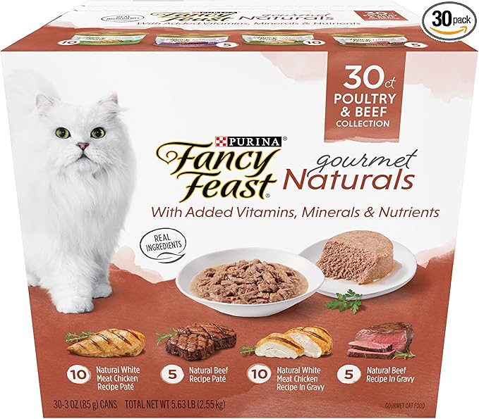 Purina Fancy Feast Wet Cat Food Variety Pack Gourmet Naturals Poultry and Beef Collection - (Pack of 30) 3 oz. Cans