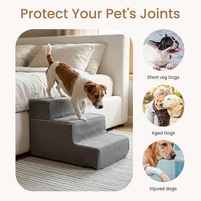 HealSmart Dog Stairs for Small Dogs, 3-Step Design Pet Steps for Puppies and Senior Cats, Versatile Indoor Pet Ramp Suitable for Sofa Couch and Chair, Non-Slip High-Density Foam Pet Ladder, Gray