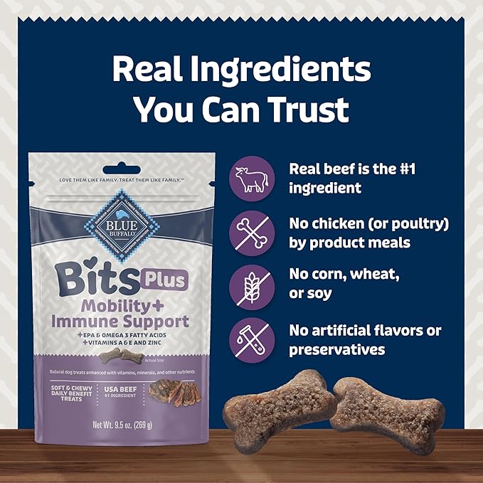 Blue Buffalo Blue Bits Plus Mobility and Immune Support Daily Benefit Dog Treats, Soft & Chewy Beef Morsels, 9.5-oz. Bag