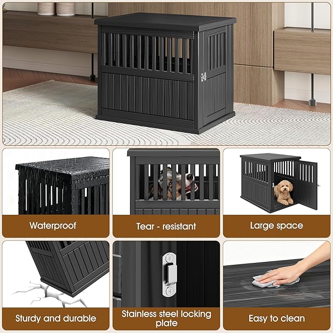 Bifanuo 30-Inch Dog Crate Furniture, Heavy Duty Dog Crate for Medium and Small Dog, Lockable Indoor Outdoor Dog Kennel & End Table, Decorative Plastic Pet Cage (Classic Black, 29.5" x 21"x 25.2")