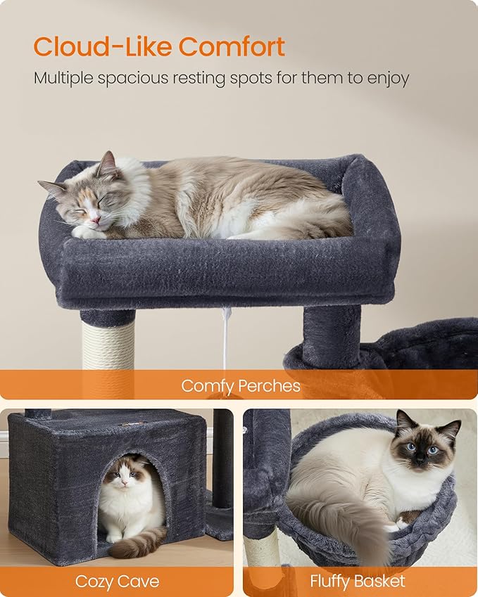 Feandrea Cat Tree, Cat Tower Condo with Scratching Posts and Ramp, 2 Large Perches, Cave, Basket, 33.8 Inches Tall, Dark Gray UPCT013GS02S