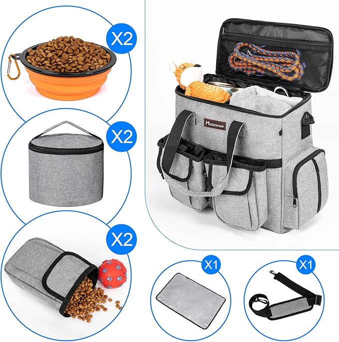 Dog Travel Bag, Airline Approved Pet Travel Bag with 2 Dog Treat Training Pouches for Weekend Pet Travel Supplies & Accessories, Light Grey