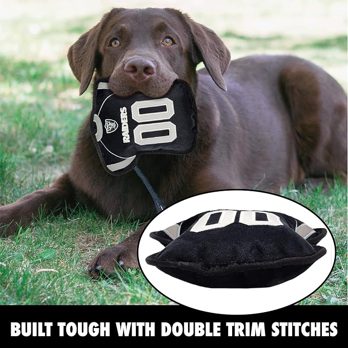 The 1st Ever Tough but Smooth Dog Toy NFL LAS Vegas Raiders Football Jersey Tough Pet Toy. A Premium Quality Doggie Toy with Built-in Squeaker. Sports Fans Favorite Chew Toy