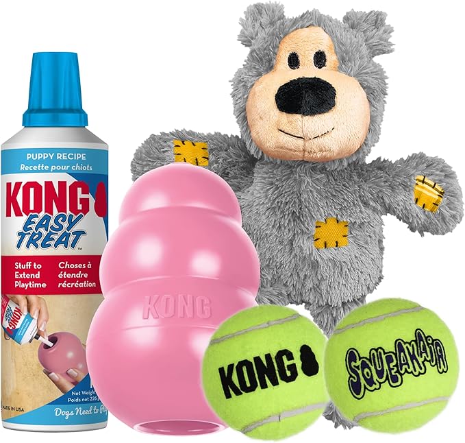 KONG Puppy Starter Dog Toy Kit - Interactive Play Kit with SqueakAir Balls, Easy Treat, Wild Knots Bear & KONG Toy - For Small Puppies - Pink