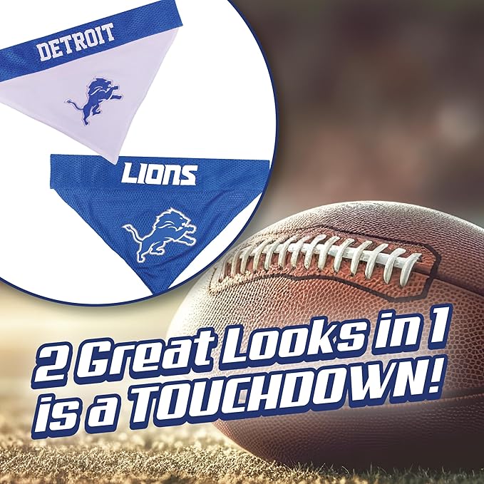 NFL DOG BANDANA - DETROIT LIONS REVERSIBLE PET BANDANA. 2 Sided Sports Bandana with a PREMIUM Embroidery TEAM LOGO, Small/Medium. - 2 Sizes & 32 NFL Teams available